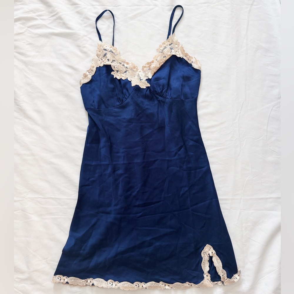 Blue Satin Slip Dress with Lace Trim - Size Small